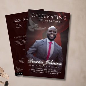 Funeral Program Template for Man | Masculine Funeral Program | Celebration of Life |Keepsake | Red rose Funeral Program for Man