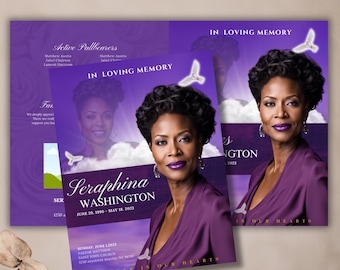 May include: Purple and white funeral announcement with a photo of a woman. The announcement includes the text "In Loving Memory", "Seraphina Washington", "June 20, 1990 - May 18, 2023", and "Forever in Our Hearts".