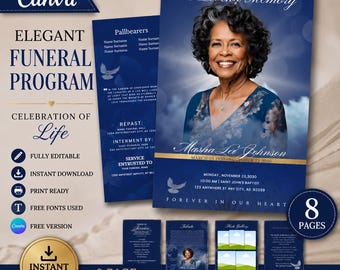 Elegant Blue Funeral Program | Obituary Template, Celebration of Life (Canva Template)