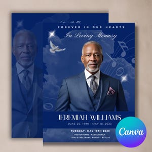 17"x11" BOOKLET Memorial program (8 pages) Blue Music Theme Funeral Program Celebration of Life Keepsake Digital Download Canva Template