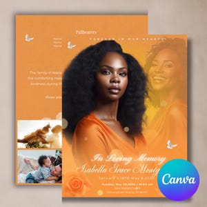 Funeral Program Booklet, 17x11 Size, Orange  Magazine Style, 8 Pages, Celebration of Life, Keepsake, Digital Download, Canva Template