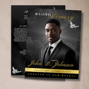 Funeral Memorial Program, 8 pages , Elegant Black Funeral Program, Obituary  Celebration of Life, Keepsake Digital Download Canva Template