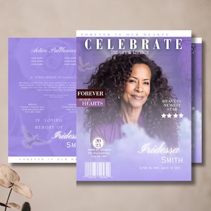 Livret de programme des funérailles violet, taille 17 x 11, style magazine moghol, 8 pages, célébration de la vie, souvenir, téléchargement numérique, modèle sur toile