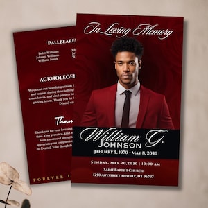 Masculine Funeral Program Template | Red Rose Celebration of Life | Keepsake for Men | Editable Memorial Service Program | digital download