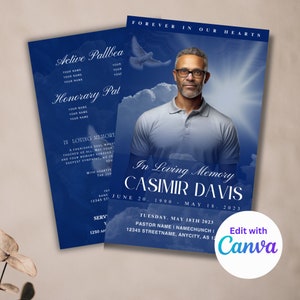 Programa conmemorativo personalizado azul - Plantilla de obituario de 4 páginas - Portada de revista - Celebración de la vida - Recuerdo - Plantilla Canva de 14 x 21 cm