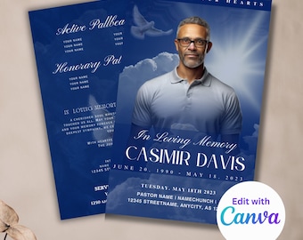 May include: A blue and white memorial card with a photo of a man in a blue shirt. The card reads "In Loving Memory Casimir Davis June 20, 1990 - May 18, 2023" and includes the text "Forever in Our Hearts".