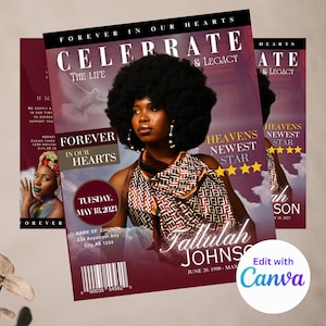 Personalized RED Funeral Program Booklet 17x11 | Mogul Magazine Style, 8 Pages - Celebration of Life Keepsake - Digital Download - Canva