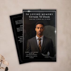 May include: Black and white memorial card with a photo of a man in a suit and tie. The text reads "In Loving Memory Orson Wilson January 5, 2020 - May 8, 2030" and includes details for a memorial service.