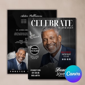 Funeral Program Booklet, 8.5x11 Size single page Mogul Magazine Style 8 Pages Celebration of Life Keepsake Digital Download Canva Template