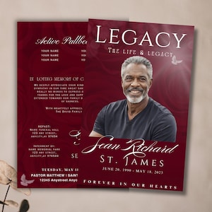 Elegant Red Rose Funeral Program | Obituary Program Template | Classy Celebration of Life Keepsake | Canva Template | 8 Pages 11&quot;x8.5&quot;
