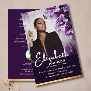 May include: A memorial card with a portrait of a woman, Elizabeth Johnson, and details of her life and service. The design includes purple lilies, a butterfly, and the phrases "Forever in Our Hearts" and "In Loving Memory."