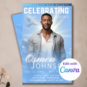 Personalized Memorial program (8 pages)| Obituary Template | Blue Funeral Program for man | Celebration of Life | Canva Template 5.5"x8.5"