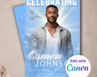 Blue Funeral Program Template for Man | Celebration of Life (Canva Template)