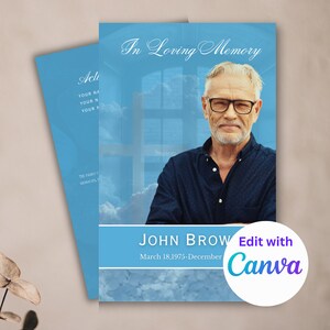 FUNERAL OBITUARY TEMPLATE (4pages) blue Funeral Program | Celebration of Life |Classy Obituary | Canva Template 11x8in