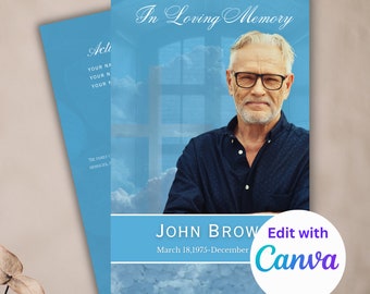 Op de afbeelding: Een lichtblauwe herdenkingskaart met de tekst "In Loving Memory" en een portret van een man met een bril. De kaart bevat de naam "John Brow" en data. Het Canva-logo is zichtbaar.