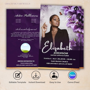 Purple Funeral Program (8 Pages) | Purple Obituary | Memorial Program | Celebration of Life | Keepsake | Canva Template | Magazine size