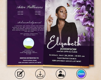 Purple Funeral Program (8 Pages) | Purple Obituary | Memorial Program | Celebration of Life | Keepsake | Canva Template | Magazine size