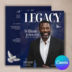 Livret de programme personnalisé pour les funérailles, bleu 17 x 11 | Style magazine Mogul, 8 pages - Souvenir de la célébration de la vie - Téléchargement numérique - Canva