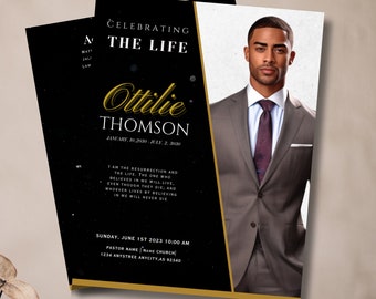 May include: Black and gold funeral announcement card with a photo of a man in a suit and tie. The text reads "Celebrating the Life of Ottilie Thomson, January 10, 2030 - July 2, 3030".