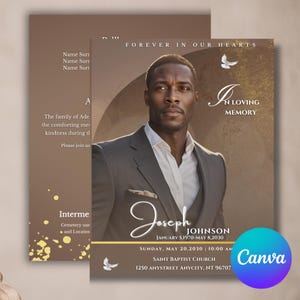 Livret personnalisé du programme des funérailles marron, programme nécrologie, style magazine Mogul, 8 pages souvenir célébration de la vie en téléchargement numérique Canva