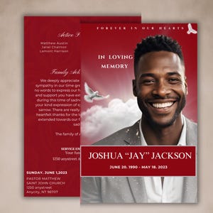 Personalized RED Funeral Program Booklet  | Mogul Magazine Style, 8 Pages - Celebration of Life Keepsake - Digital Download Canva 11&quot;x8.5&quot;
