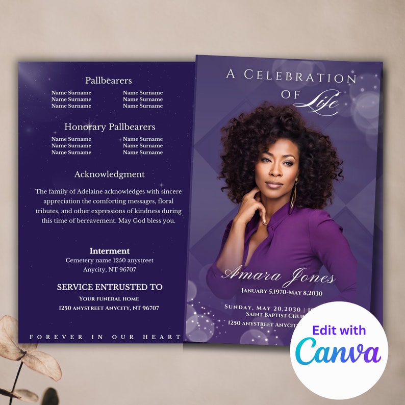 Purple Funeral Program Template | Celebration of Life (digital Download ...