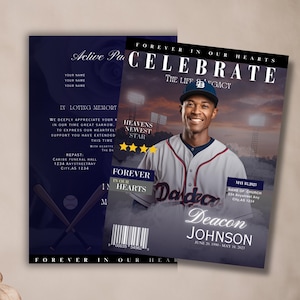 BaseballTheme Funeral Program Template - 11x8.5 Mogul Magazine Style, 8-Page Celebration of Life Booklet - Digital Download Canva Keepsake