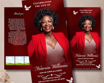 May include: A red and white funeral program with a photo of a woman in a red jacket. The program includes the text "Celebration The Life Of Neaveia Williams January 5, 1970-May 8, 2030 Saint Baptist Church 1250 Anystreet Anycity, NT 96707 Forever In Our Hearts".