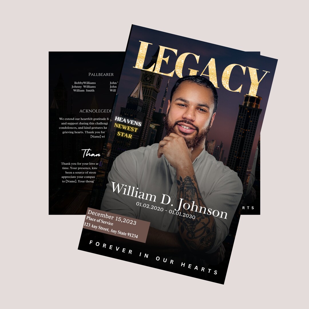 Funeral Program Template for Man | Obituary Magazine Cover (canva ...