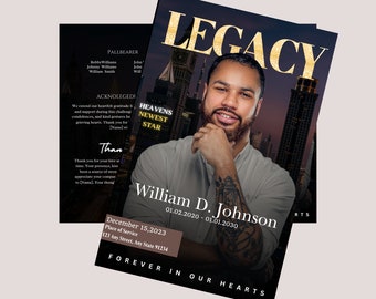 May include: A black and gold memorial card with a photo of a man with a beard and tattoos. The card reads "Legacy" in gold letters and "William D. Johnson 01.02.2020 - 01.01.2030" in white letters. The card also includes the date "December 15, 2023" and the text "Forever in our hearts".