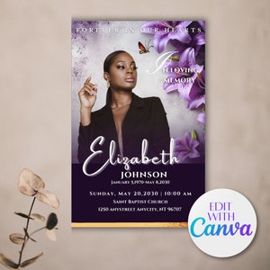 Purple Funeral Program (8 Pages) | Purple Obituary | Memorial program | Celebration of Life Keepsake | Canva Template |  5.5&quot; x 8.5&quot; Booklet