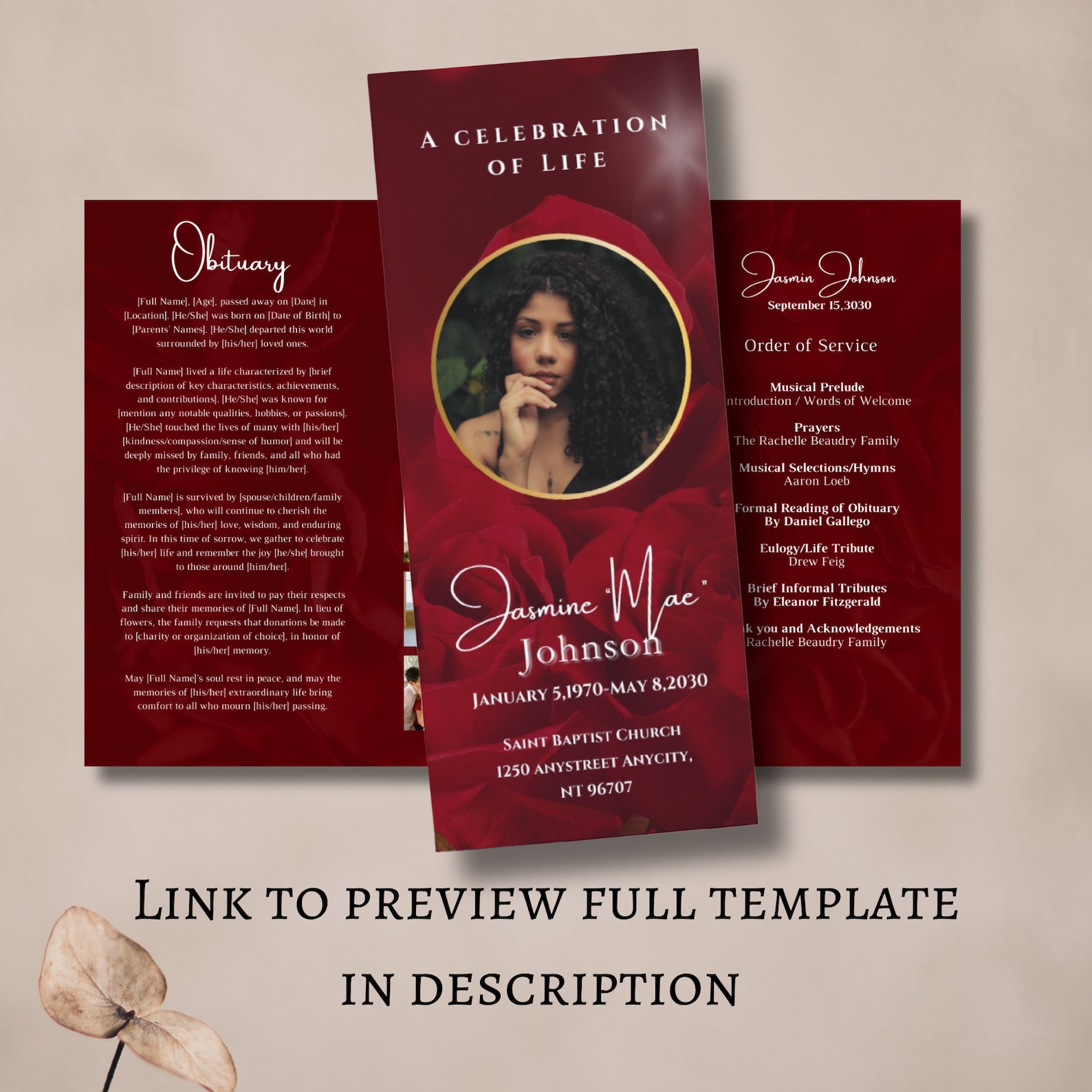 Elegant Funeral Program Template | Celebration of Life (digital ...