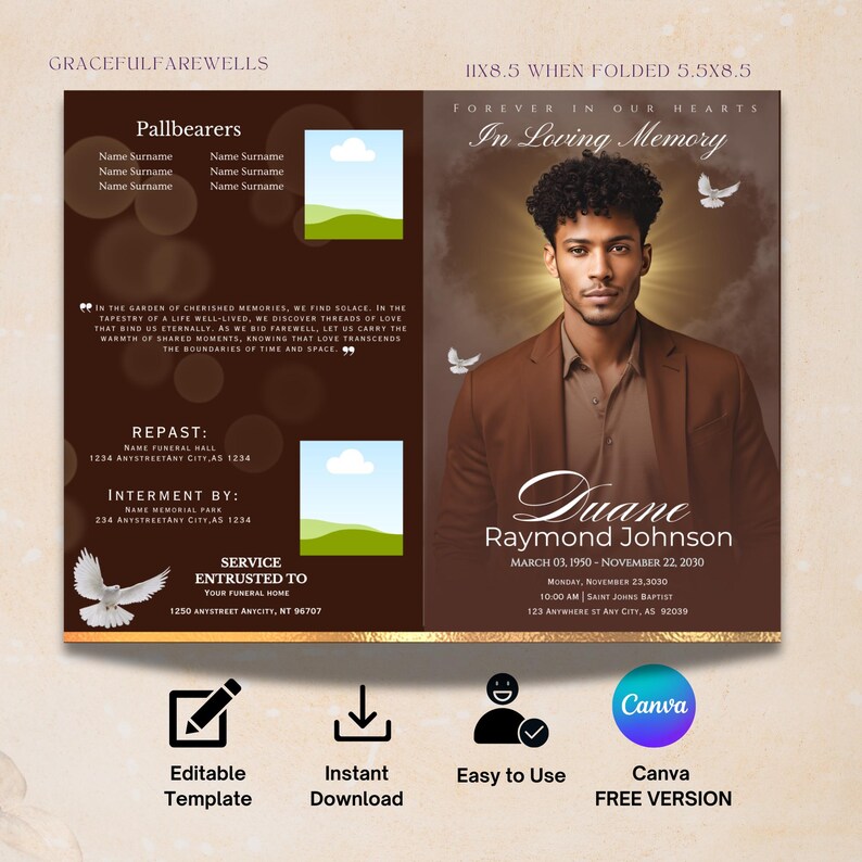 Elegant Funeral Program Template | Brown Obituary, Celebration of Life ...