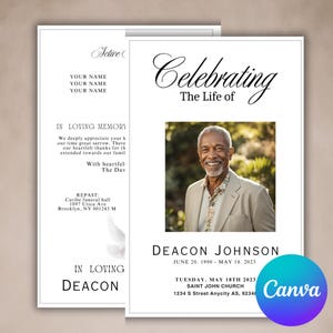 Peut inclure: Une annonce de funérailles en noir et blanc avec une photo d'un homme en costume. L'annonce indique "Célébration de la vie de Deacon Johnson" avec les dates de naissance et de décès. Elle comprend également des informations sur les funérailles, notamment la date, l'heure et le lieu.