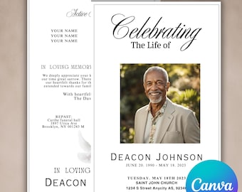 Editable Funeral Program Template, Bi-Fold Obituary (Canva)