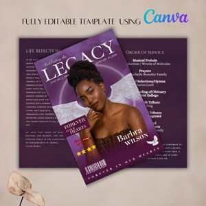 May include: A purple memorial program template featuring the word "Legacy" and a portrait of a woman with angel wings. The design includes the text "Forever in Our Hearts" and "Order of Service."