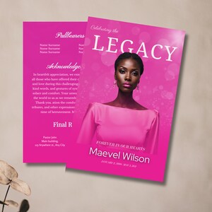 May include: A pink and white memorial card with a photo of a woman in a pink dress. The card reads "Celebrating the LEGACY" and "FOREVER IN OUR HEARTS Maevel Wilson JANUARY 2, 1990 - MAY 5, 2023".