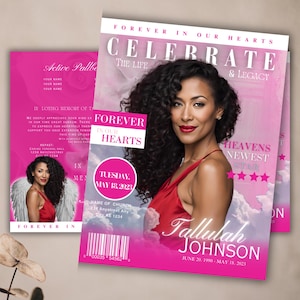 Könnte beinhalten: Eine rosa und weiße Gedenkkarte mit einem Foto einer Frau in einem roten Kleid. Die Karte trägt den Text "Feiern Sie das Leben und das Vermächtnis" und "Für immer in unseren Herzen". Die Karte enthält auch den Namen "Tallulah Johnson" und die Daten "20. Juni 1990 - 18. Mai 2023".
