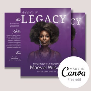 May include: A purple and white memorial card featuring a photograph of a woman with dark hair and a necklace. The text reads "Celebrating the Legacy" and "Forever in Our Hearts Maevel Wilson January 2, 1990 - May 5, 2023".