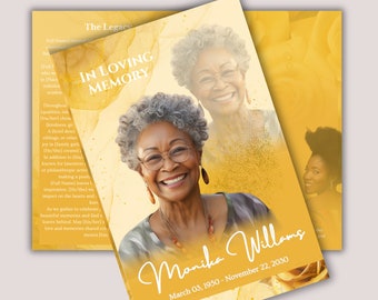 Peut inclure: Une carte commémorative jaune et blanche avec une photo d'une femme souriante. Le texte "In Loving Memory" est en haut de la carte. Le texte "Monika Williams" est en bas de la carte avec les dates "March 03, 1950 - November 22, 2030".