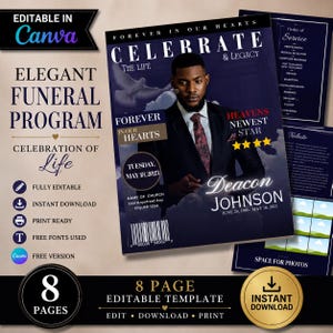 Magazine Style Funeral Program: Celebration of Life, Canva Template (Digital Download)