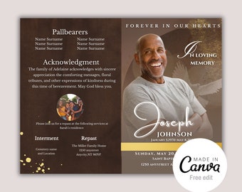 May include: A memorial card with a photo of a smiling man, Joseph Johnson, and the text "In Loving Memory." The card includes details about the service, pallbearers, and acknowledgments, with a Canva logo.