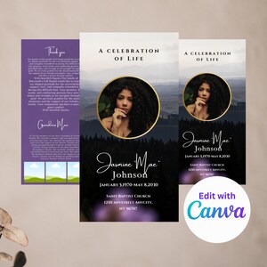 May include: A purple and white funeral announcement with a photo of a woman in a circle with a gold border. The announcement includes the name Jasmine Mae Johnson, dates of birth and death, and the location of the funeral service.
