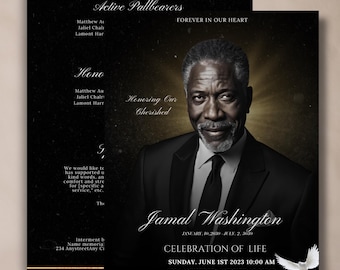 May include: Black and gold funeral announcement with a photo of a man in a suit. The announcement includes the name Jamal Washington, dates of birth and death, and details for a celebration of life service. The text "Forever in Our Heart" is also included.