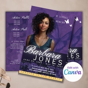 5.5&quot;x8.5&quot; Bi-fold PURPLE Butterfly Funeral Program Template | Obituary Template, Celebration of Life, Keepsake | Digital Download | Canva
