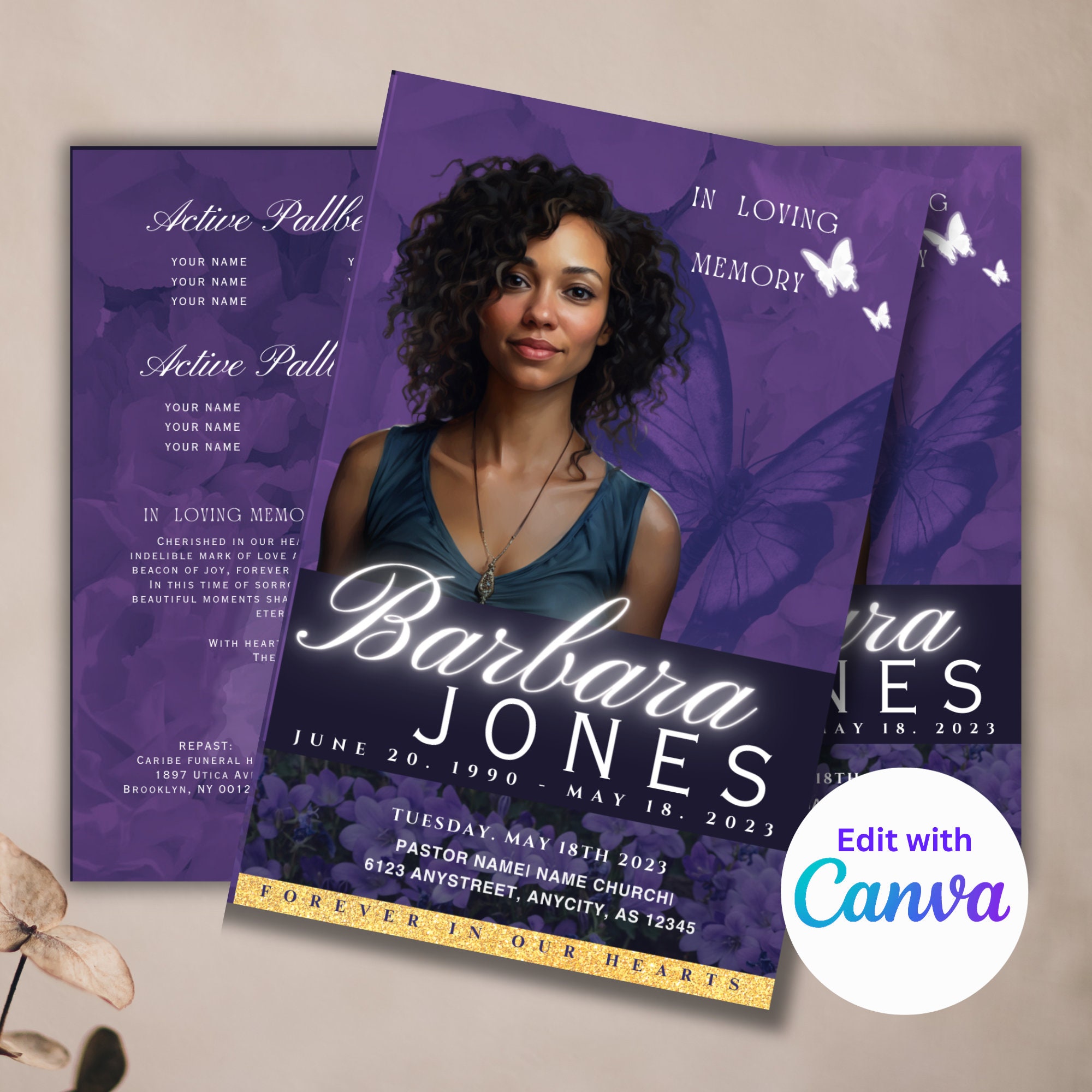 5.5"x8.5" Bi-fold PURPLE Butterfly Funeral Program Template | Obituary Template, Celebration of Life, Keepsake | Digital Download | Canva