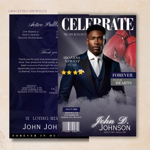 Può includere: Una copertina di rivista commemorativa con un ritratto di un uomo in giacca e cravatta, il titolo "CELEBRATE" e il testo "The Life & Legacy". La copertina include il testo "Forever in Our Hearts" e il nome "John D. Johnson". Sono incluse anche le date di nascita e di morte.