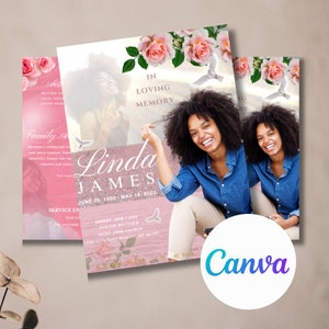 Programme commémoratif personnalisable 8,5 x 11 po | Livre funéraire floral rose élégant souvenir de célébration de la vie | Modèle de toile à téléchargement numérique