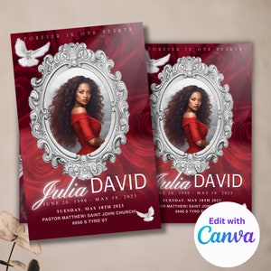 Può includere: Un annuncio funebre per Julia David con una sua foto in un abito rosso. L'annuncio include le date di nascita e di morte, la data e l'ora del funerale e la posizione della chiesa. L'annuncio è decorato con rose rosse e colombe bianche.
