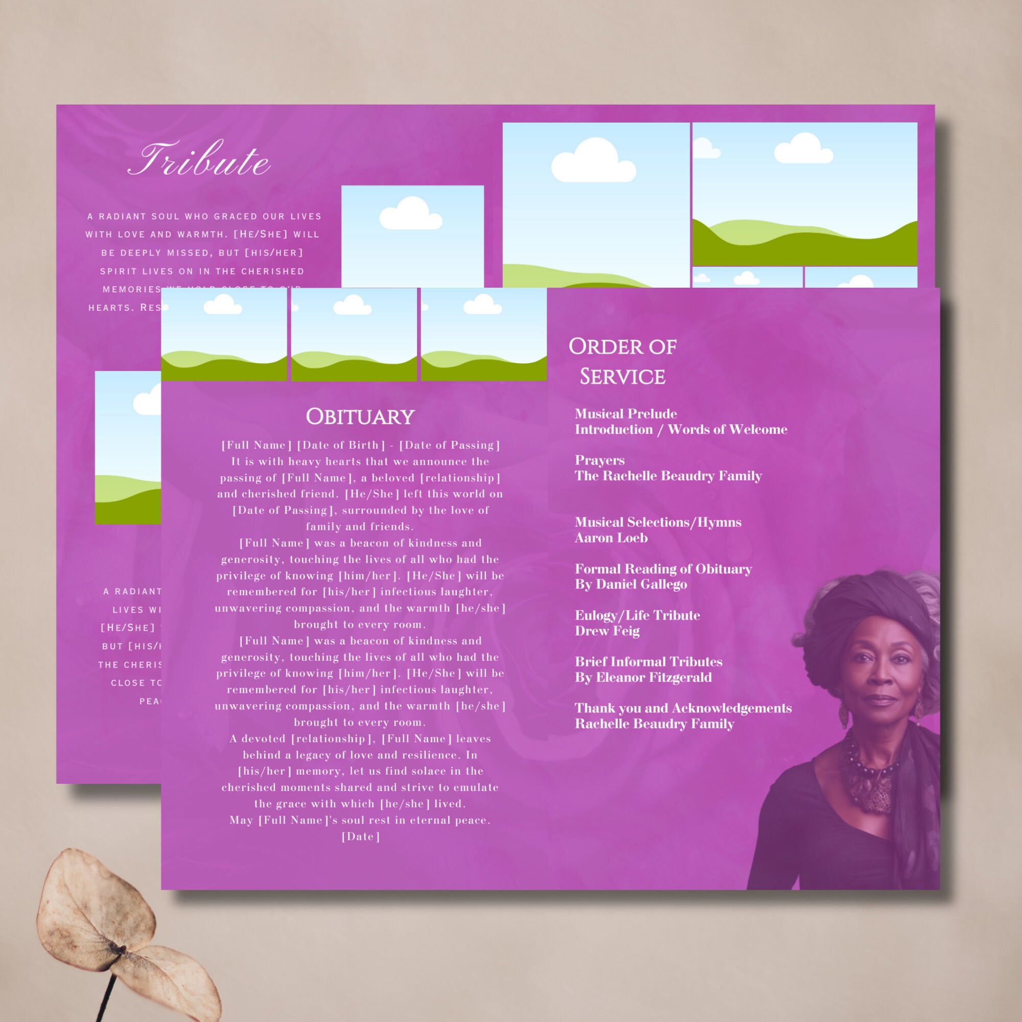 Purple Funeral Program Elegant 8 page Obituary Template for a Classy